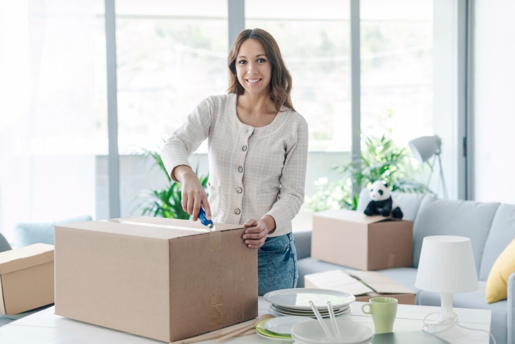 Woman unpacking in her new home