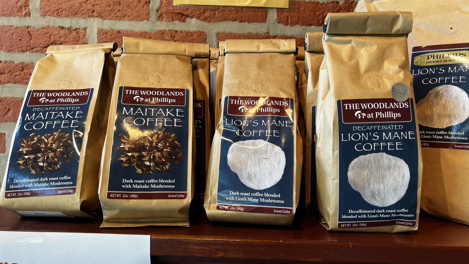 Coffee bags infused with mushrooms, including maitake and lion’s mane, sold at The Woodlands at Phillips.