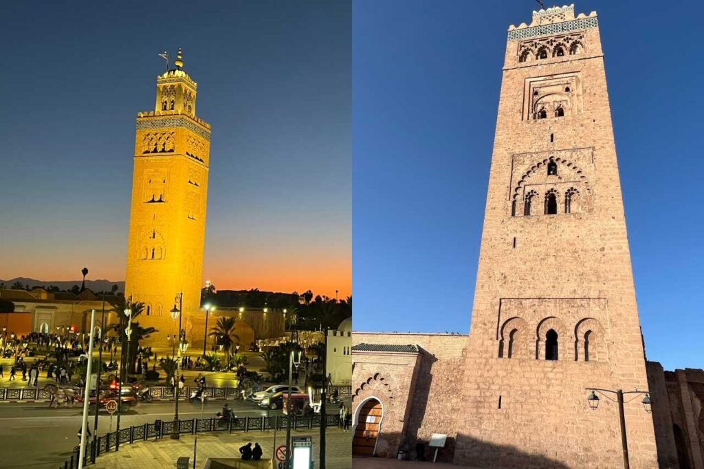 Side-by-side view of the Koutoubia Mosque in Marrakech, Morocco. On the left, the minaret is illuminated at sunset with a bustling square below. On the right, the tower is shown in daylight, highlighting its intricate stonework and arches against a clear blue sky.