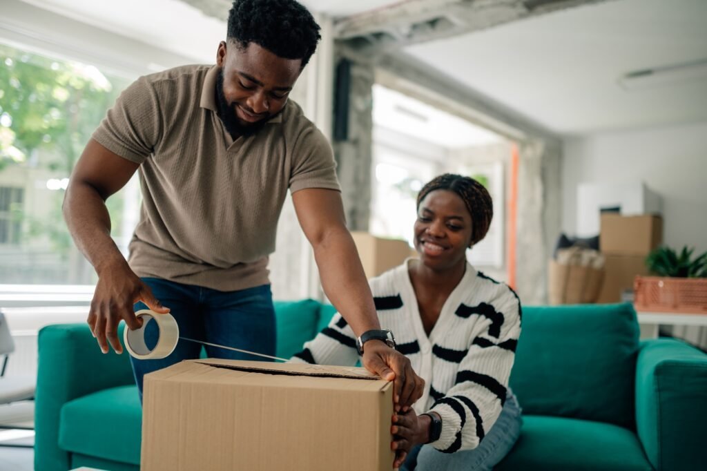 Couple packing cardboard box, moving into new home