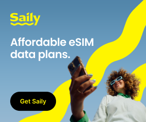 A woman holding a smartphone confidently against a bright blue background with the Saily logo. Text on the banner reads “Always connected, always on course. Affordable eSIM data plans.” A yellow button says “Get Saily.”