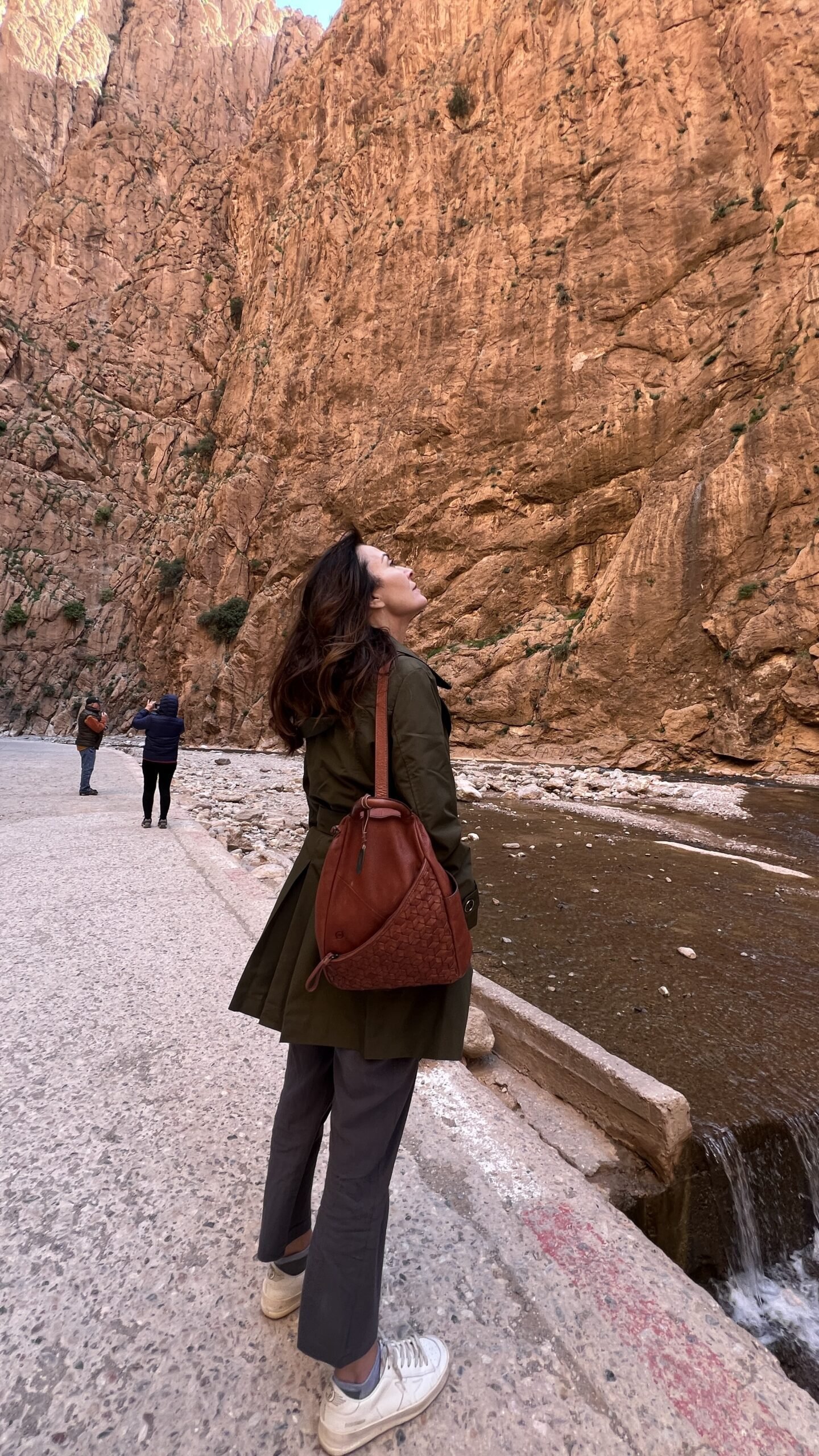 Woman with brown leather bag looking up at towering red canyon walls of Dades Gorge.