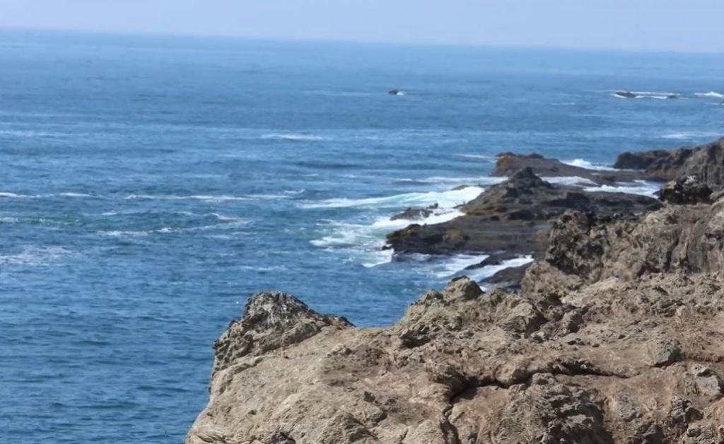 Rocky coastal bluffs along the Mendocino Coast with waves breaking below.