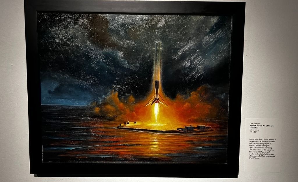 Oil painting by Don Gillespie titled Artemis I with Orion Rising, depicting NASA’s Artemis I rocket lifting off from the ocean at night with flames reflecting on the water.