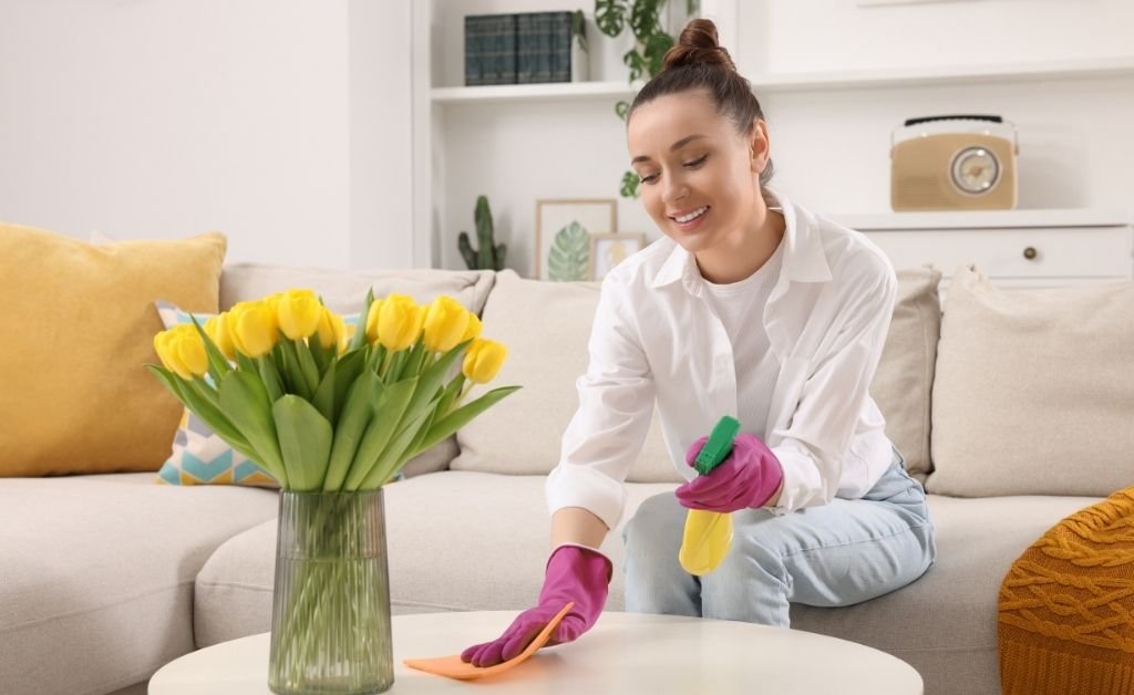Woman wiping a white coffee table in a bright living room with yellow tulips in a glass vase