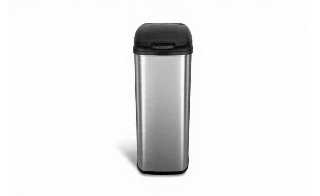 Stainless steel kitchen trash can with motion sensor lid on a white background