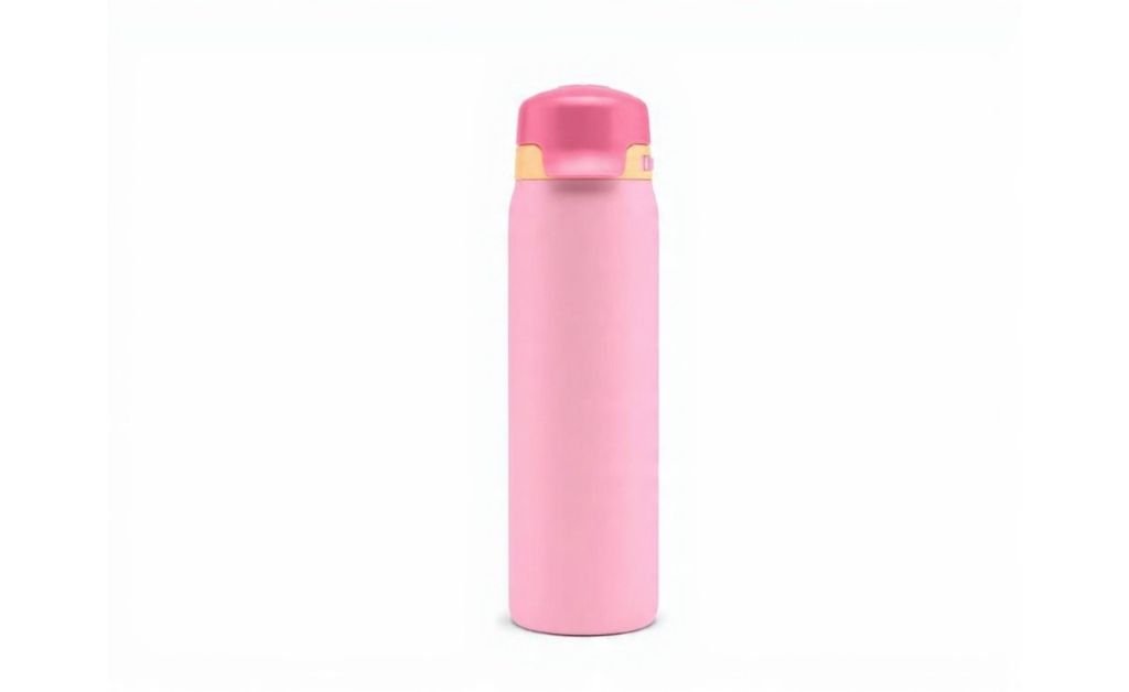 Pink reusable water bottle with flip-top lid on a white background