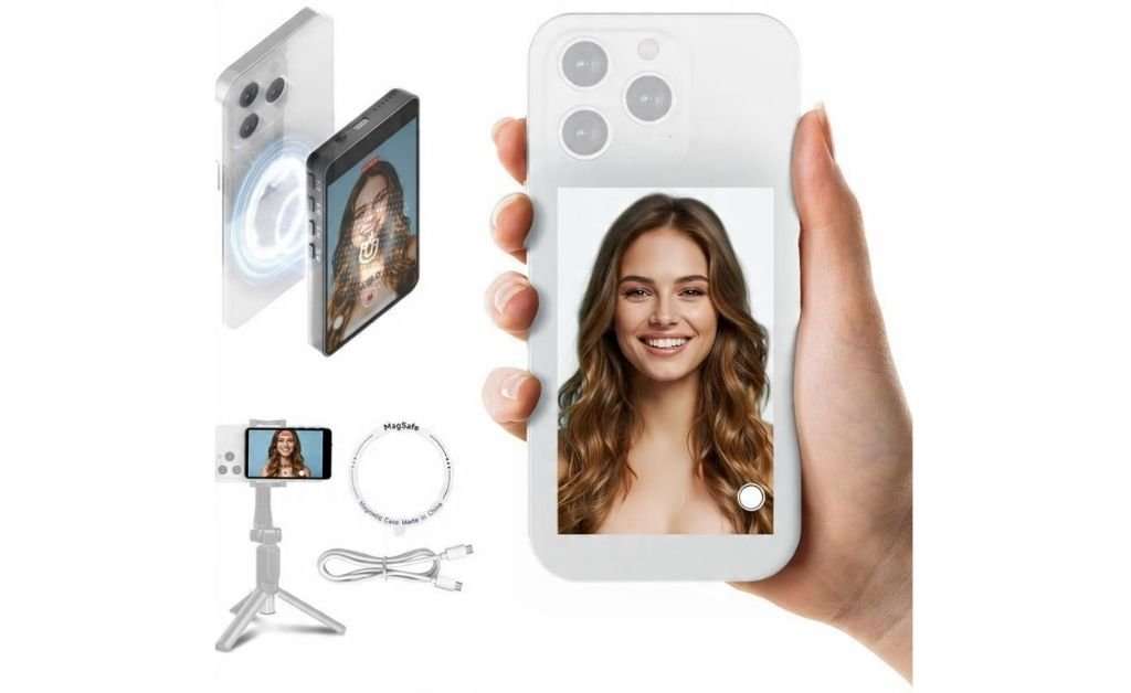 Magnetic vlog selfie monitor screen attached to smartphone
