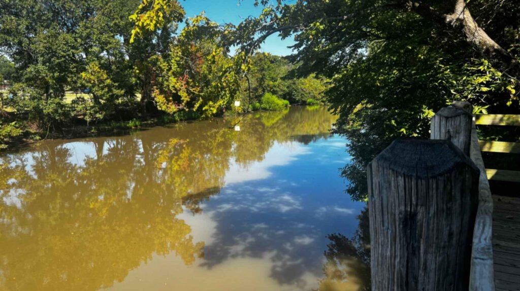 The calm waters of Bayou Vermilion reflect blue sky, clouds, and dense green trees along the wood-fenced boardwalk at Vermilionville in Lafayette.