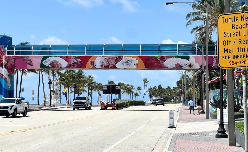 A street level view of a coastal road spanned by an elevated blue glass skywalk bridge. The side of the bridge displays a vibrant mural featuring large pink and white betta fish and hibiscus flowers. Vehicles travel on the multi lane road below, which is lined with palm trees and a sidewalk. A yellow sign warning about turtle nesting beach street lights stands in the foreground on the right.